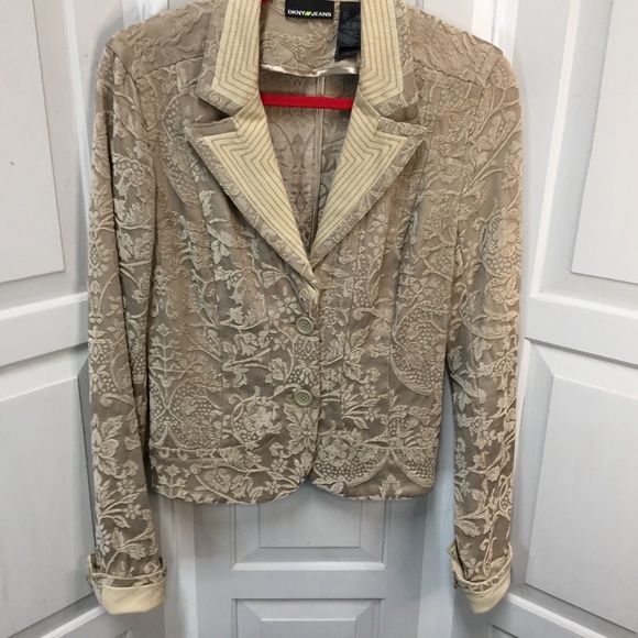 DKNY Jeans Tan Jacket w/ Raised Floral Velvet Detail - Picture 2 of 15